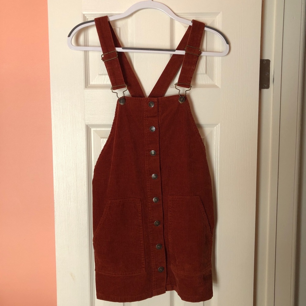 burnt orange/red overall mini dress